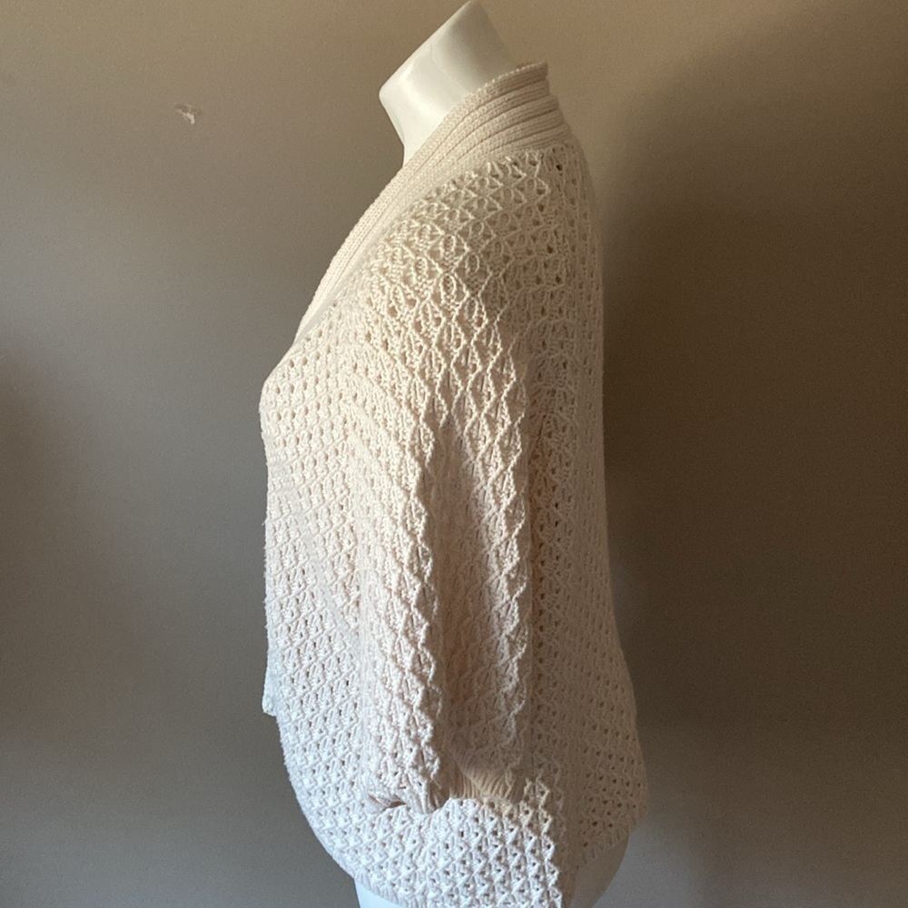 Liz Claiborne Cream Beige Ecru Knit  Button 3/4 Short Sleeve Cotton Sweater Cozy - Picture 4 of 7